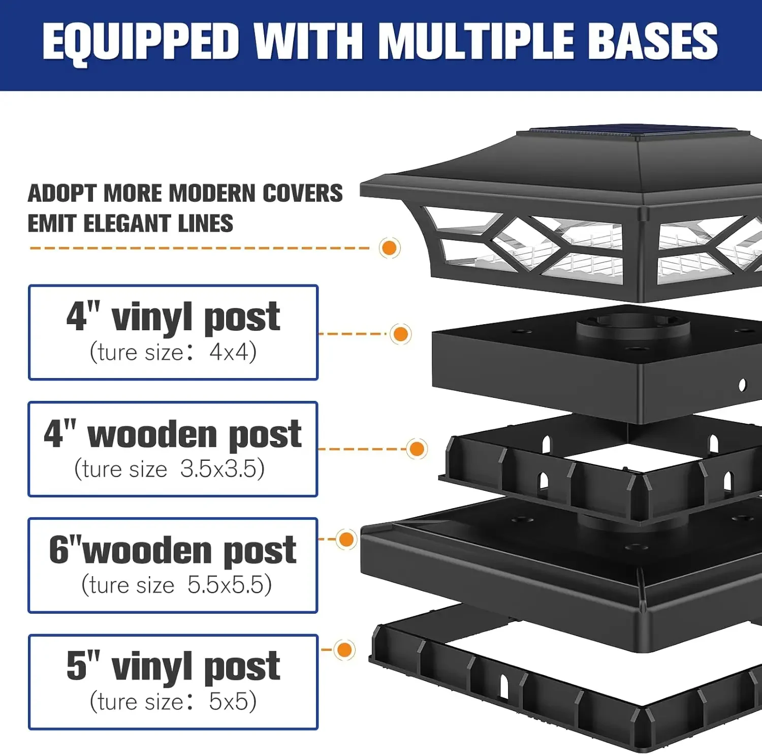 Solar Post Cap Lights:6Pack Outdoor Deck Post Cap Lights Black for Dock Fence Waterproof 2 Color Modes,4x4/6x6 Wood/Vinyl Posts