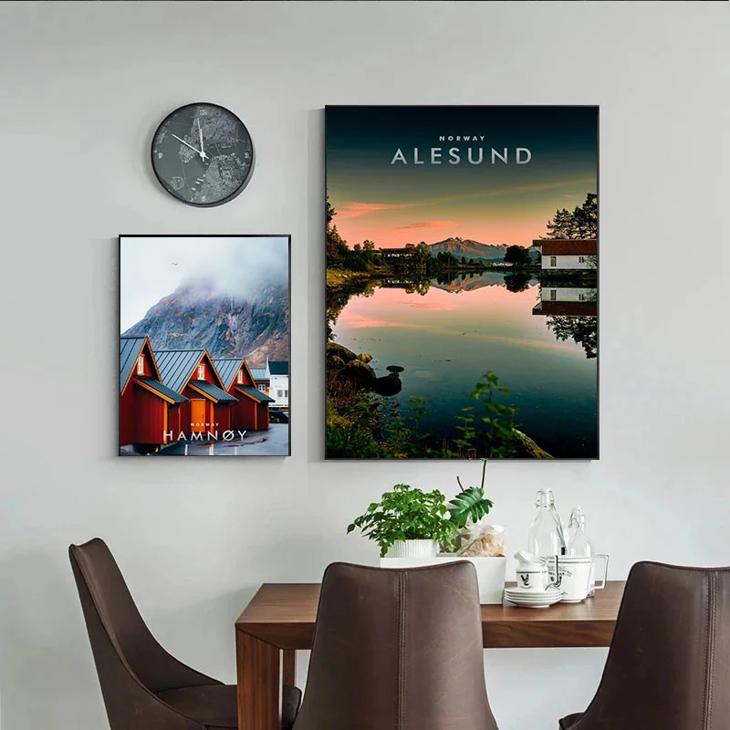 ภาพทิวทัศน์เมืองธรรมชาติอันงดงามจิตรกรรมฝาผนังนอร์เวย์แผ่นเกล็ดเกล็ดหิมะของเมืองเบอร์เก้นภาพพิมพ์ผ้าใบสำหรับตกแต่งบ้าน