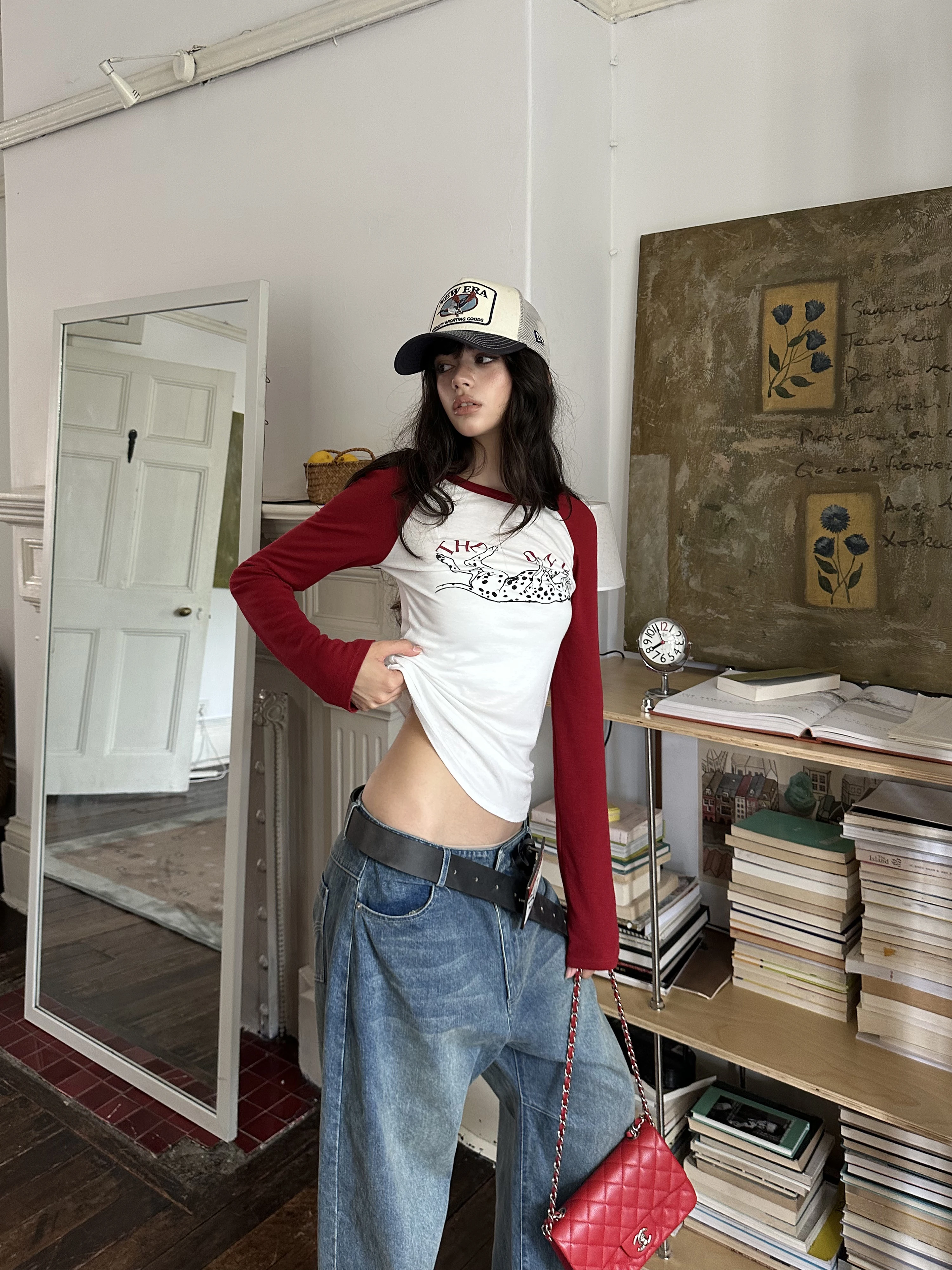 Warden  Sweet Spot Dog Diary Red And White Shoulder Sleeve T-Shirt Design Printed Casual Top for Women Autumn Long Sleeve