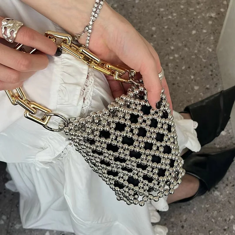 2023 Designer Luxury Homemade Bead Woven Hollow Out Purse Customized Mini Pearl Bucket Handbags for Women Metal Chain Hand Bag