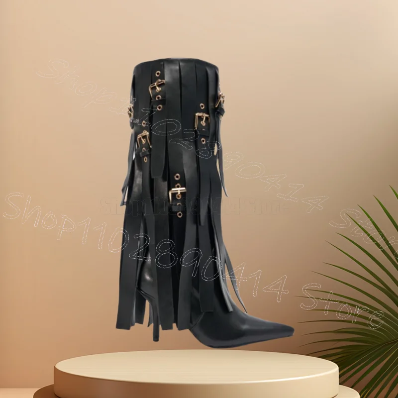 

Black Buckle Tassels Design Pointed Toe Boots Slip On Women Shoes Thin High Heels Party Banquet Dating 2025 Zapatos Para Mujere