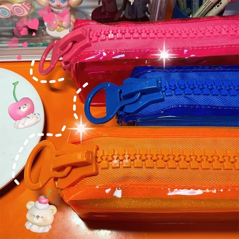 Large Zipper Pencil Case Color Square Large Capacity Student Stationery School Supplies Fluorescent Transparent PVC Storage Bag