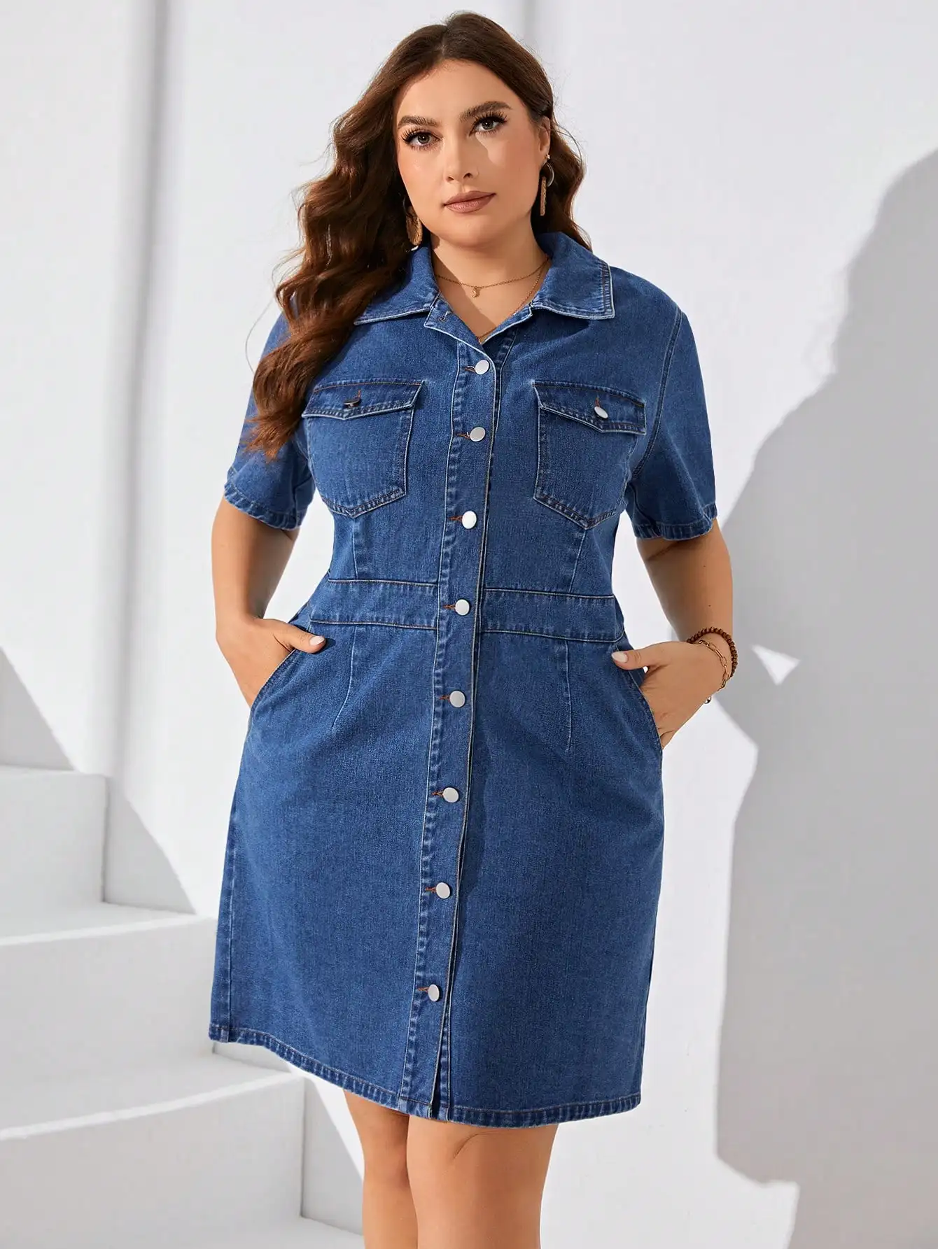 

Plus Size Button Down Short Sleeve Denim Dress Casual