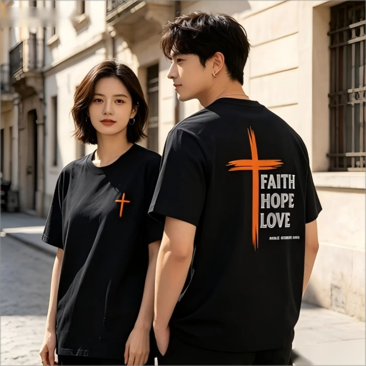 Vintage Orange Cross Graphic T-Shirt Faith Hope Love Print Tee Casual Aesthetic Short Sleeve Tops Trendy Christian Inspirational