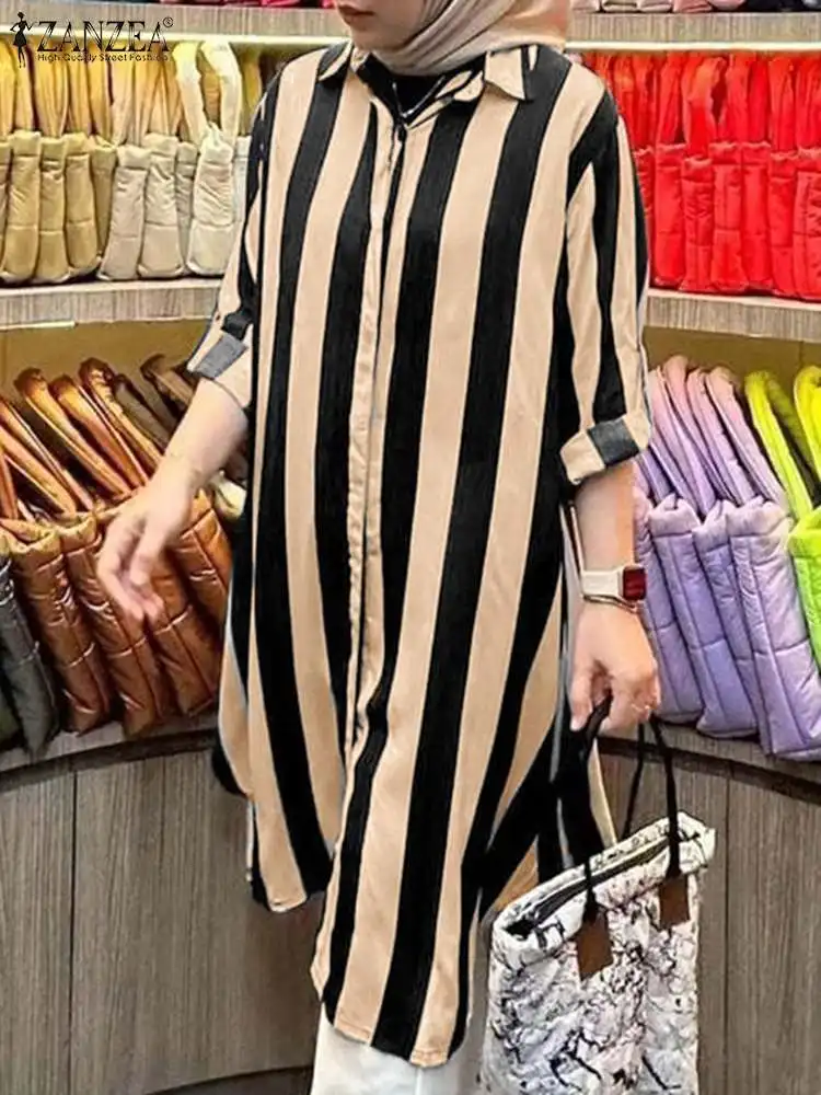 ZANZEA Muslim Abaya Women Stylish Striped Long Shirts Fashion Lapel Neck Long Sleeve Blouse Female Tunic Tops Loose Blusas Mujer