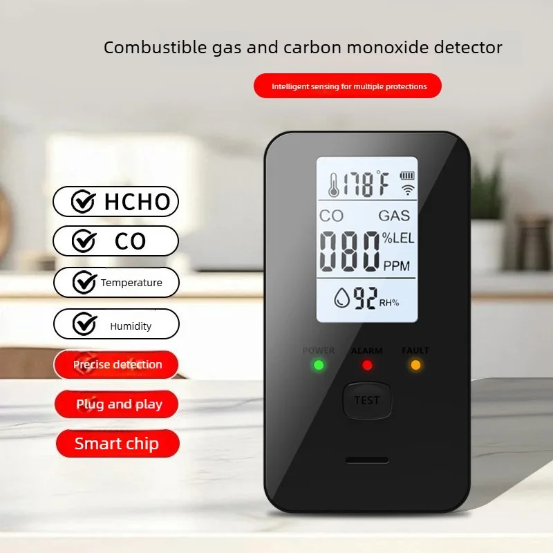 GC03 4 in 1 Carbon Monoxide Gas Temperature Humidity Detector Black White LCD Screen Air Quality Monitor