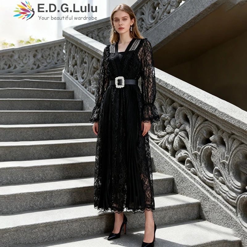 

EDGLuLu элегантное винтажное кружевное платье с длинными рукавами и вышивкой + мини-платье-бретелька женский комплект из 2 предметов 1027