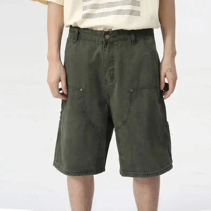 Men's Wear Knee Length Denim Shorts Summer New Multi Pocket Loose Jeans Solid Color Japanese Style Male Overalls 9CAPBJ