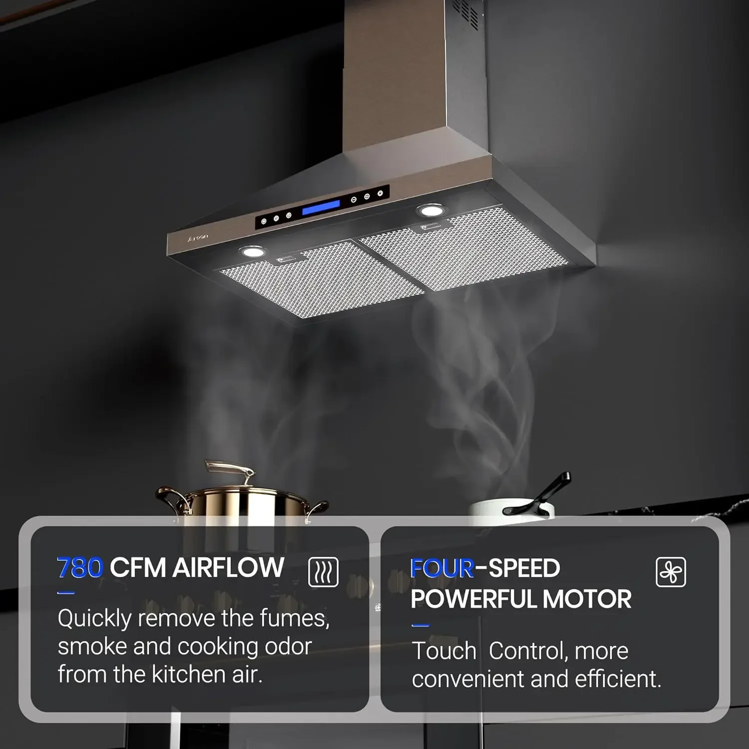 Wall Mount Range Hood with Ducted/Ductless Convertible Duct 36 Inch 780CFM Stainless Steel Vent Hood 4Speed Touch Panel