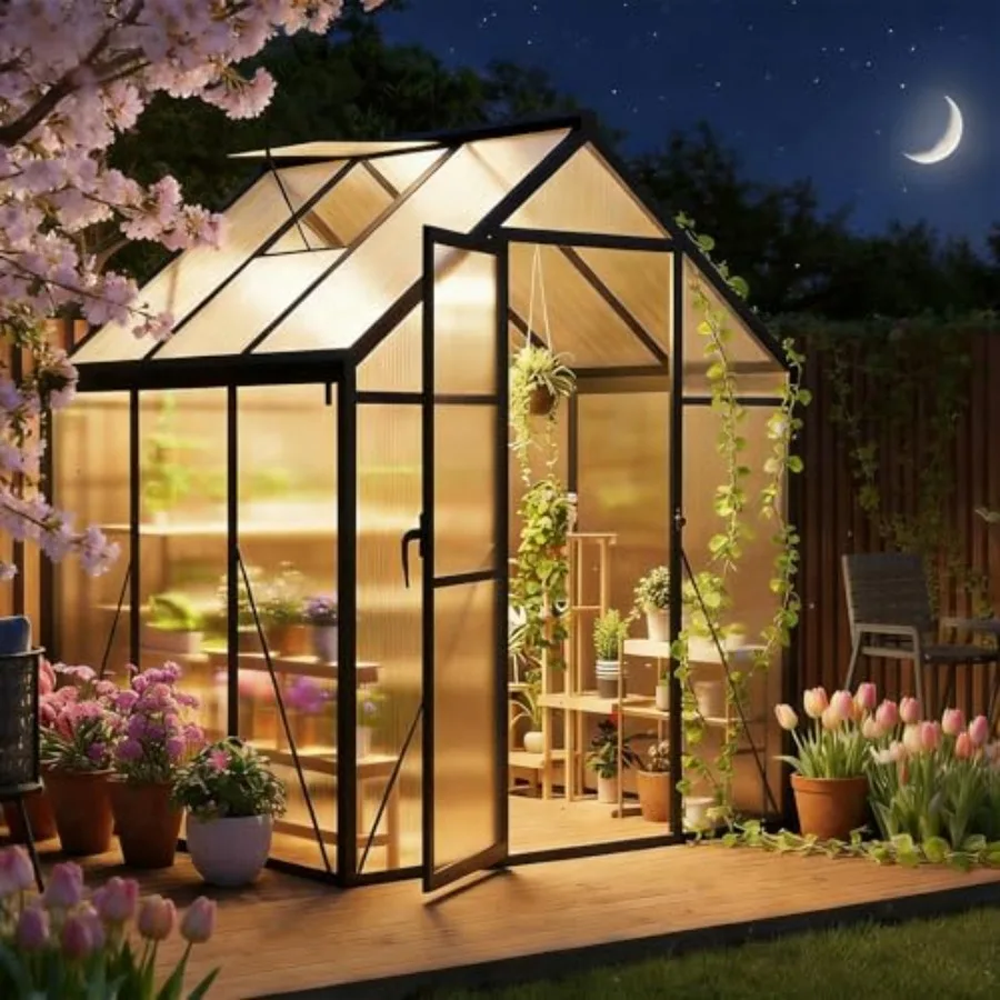 Feet house for Outdoors, Polycarbonate house with Aluminum Frame, Lockable Door, Adjustable Roof Vent and Rain Gutter, for Back