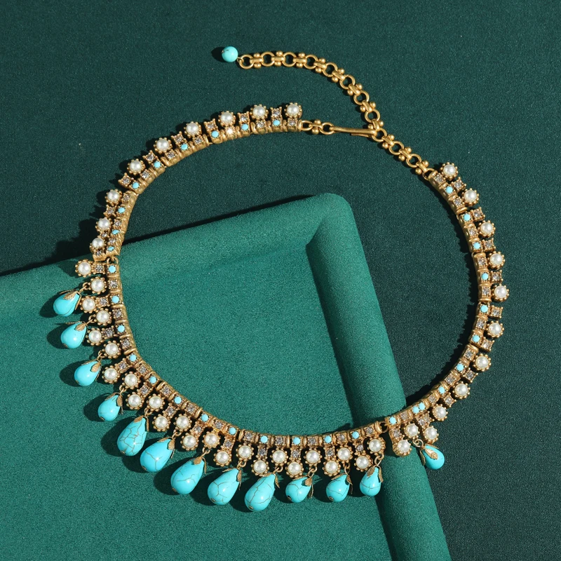 Vintage Turquoise Choker Necklaces Tassel Woman 2026 Beads Water Drop Rhinestone Luxury Gold Color Birthday Jewelry Accessories