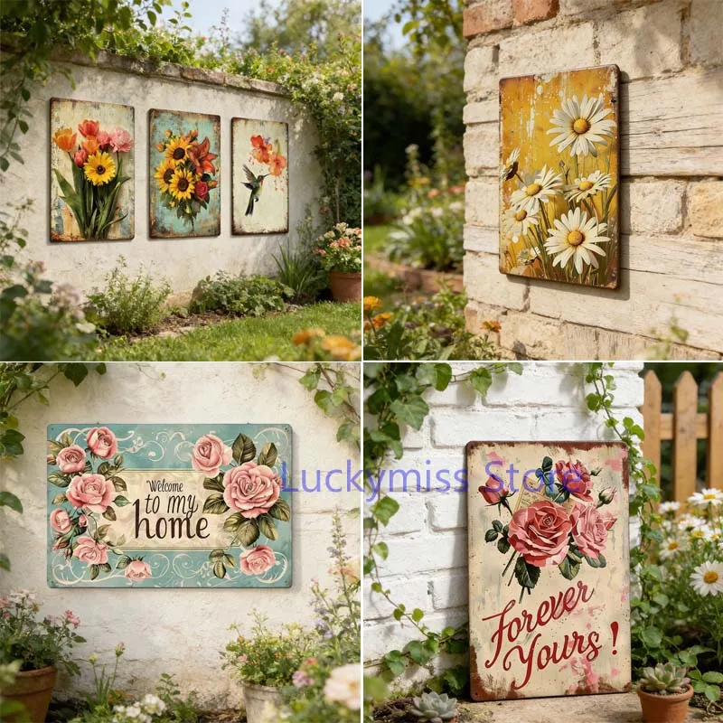 ntage Distressed Garden Metal Wall Decor Retro Floral Tin Sign Rustic Outdoor Wall Hanging for Homestay Garden Courtyard