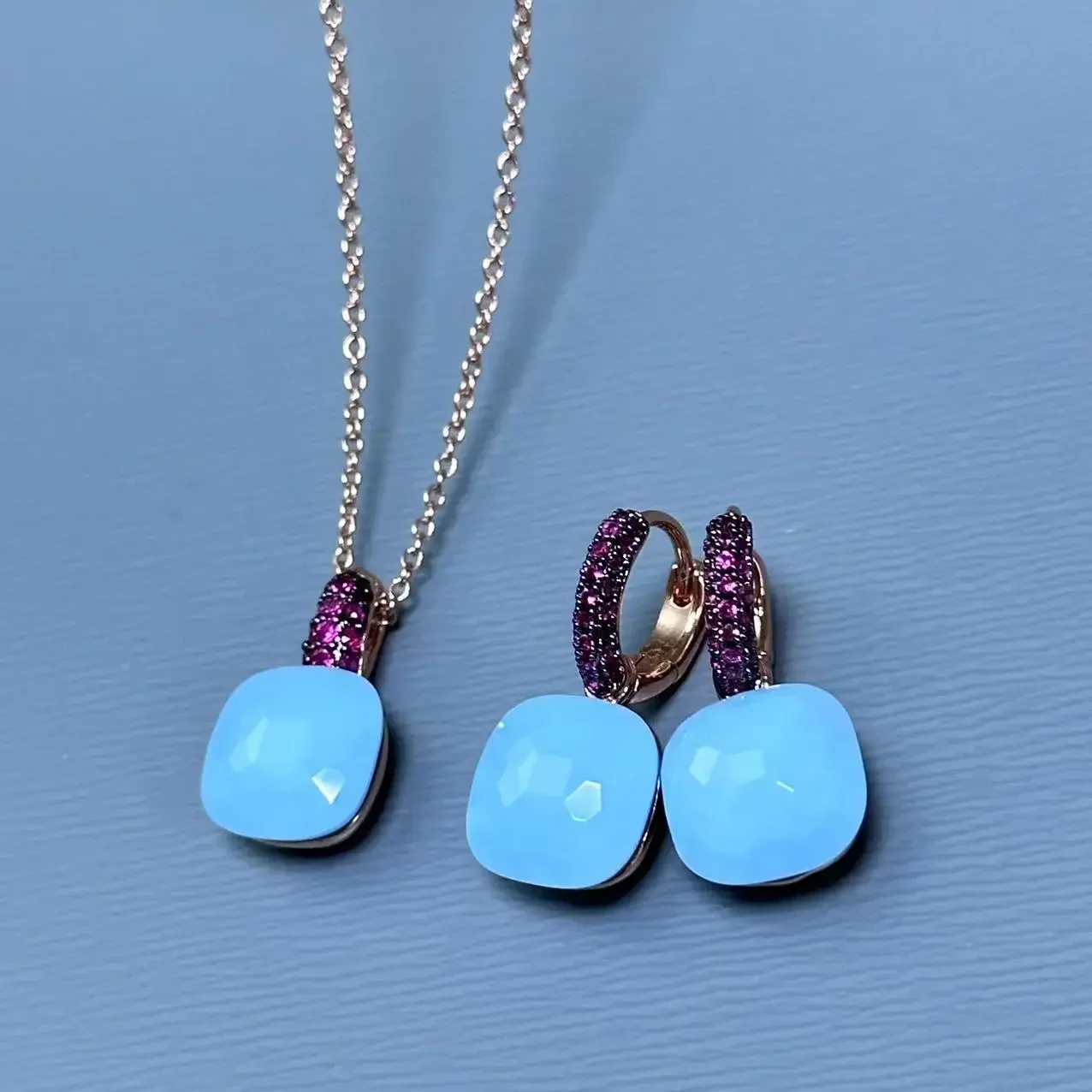 2Pcs/Set 12.6mm Turquoise Jewelry Set Inlay Purple Zircon with Gun Black Plated Candy Crystal Jewelry Set Nudo Fashion Jewelry