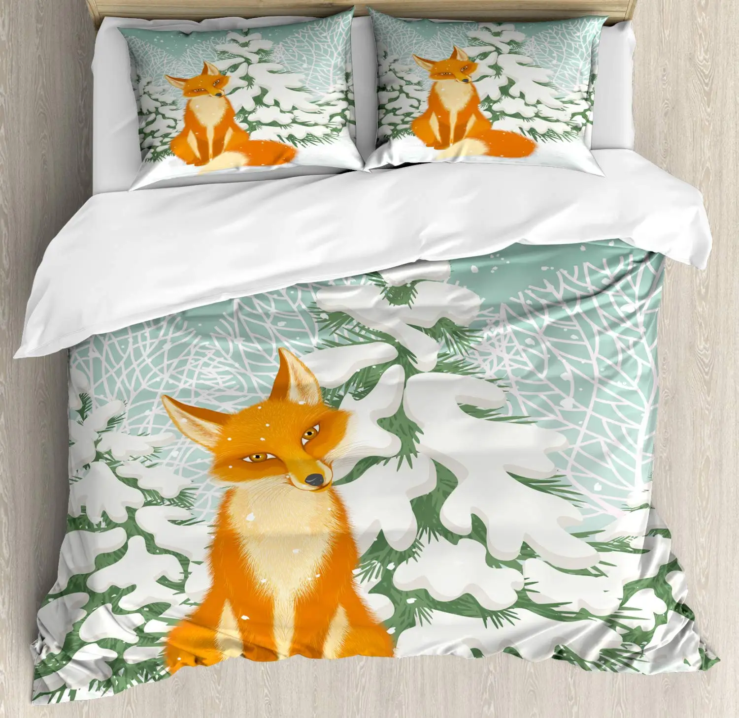 

Fox and Snow Duvet Cover Sets for Kids Teens Queen Lightweight Quilt Cover with 2 Pillowcase Winter Themed Bedding Set No Quilt