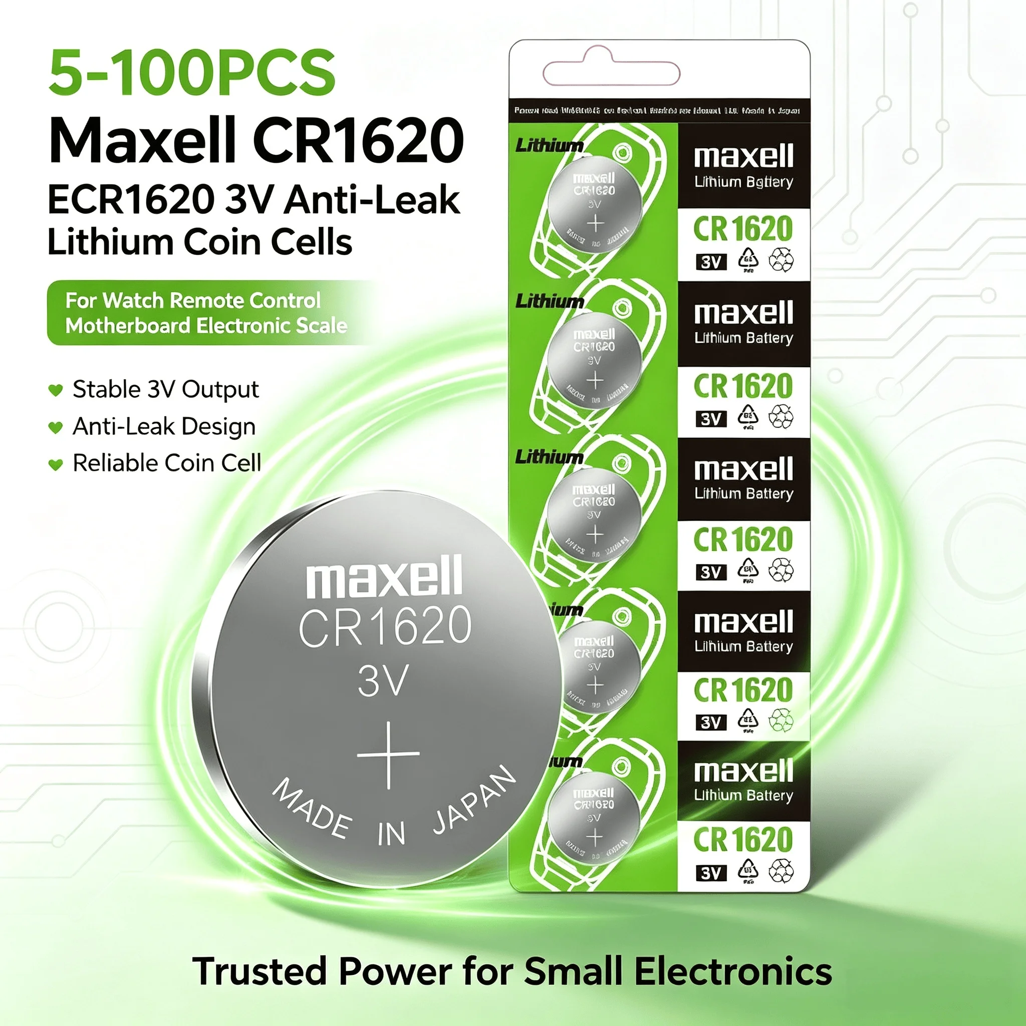 5-100PCS Maxell CR1620 ECR1620 3V Anti-Leak Lithium Coin Cells For Watch Remote Control Motherboard Electronic Scale