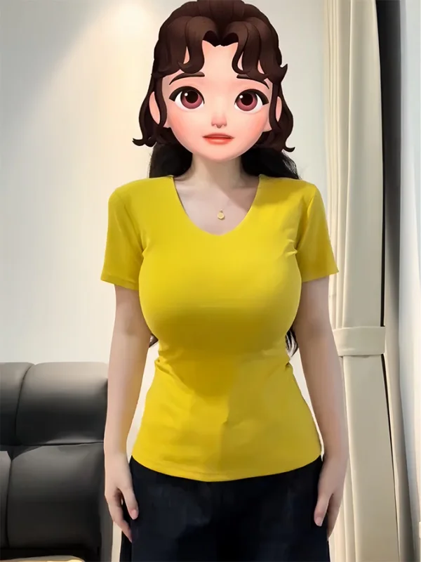 

plus Size Women's Pure Desire Spicy ort Sve T-irt Slimming Waist Design Summer New Sle Base Color Yellow Top