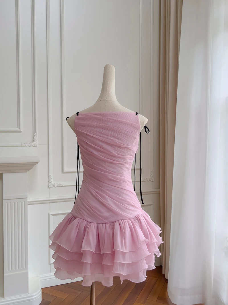 Vestido Corto de Cintura Alta con Tirantes y Lazo Rosa, Falda Pada para Mujeres de Baja Estatura, Falda en Línea A a la Mo...