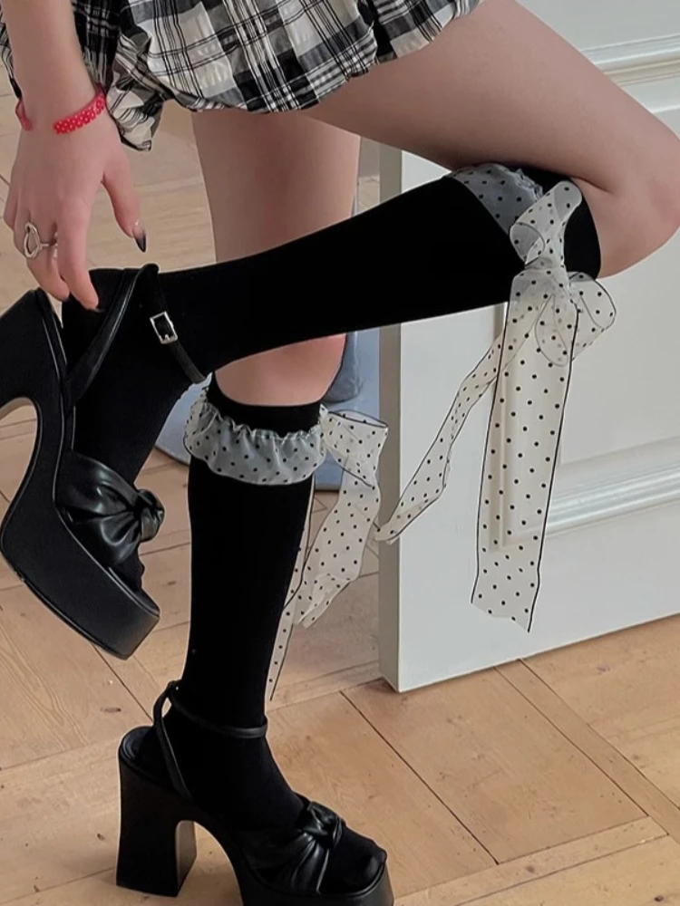 

Japanese Style Girl Polka Dot Bow Ribbon Knee High Stockings Mid Tube Long Socks Solid Color Cute Lolita Fashion Thin Calf Socks