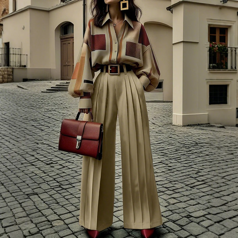 ชุดเซ็ต 2 ชิ้นสำหรับผู้หญิง Modigirl คอลเลคชั่นฤดูใบไม้ผลิ/ฤดูใบไม้ร่วง 2025 เสื้อแขนพองยาว กางเกงขายาวทรงกว้างไม่มีเข็มขัด สไตล์ลำลองวินเทจ