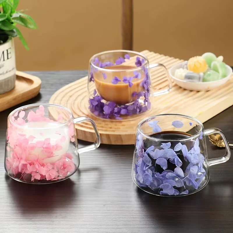 YWDL 4pcs Set Double Wall Transparent Glass Coffee Cup with Handle Double-layer Heat Insulation High Temperature Juice Milk Cup