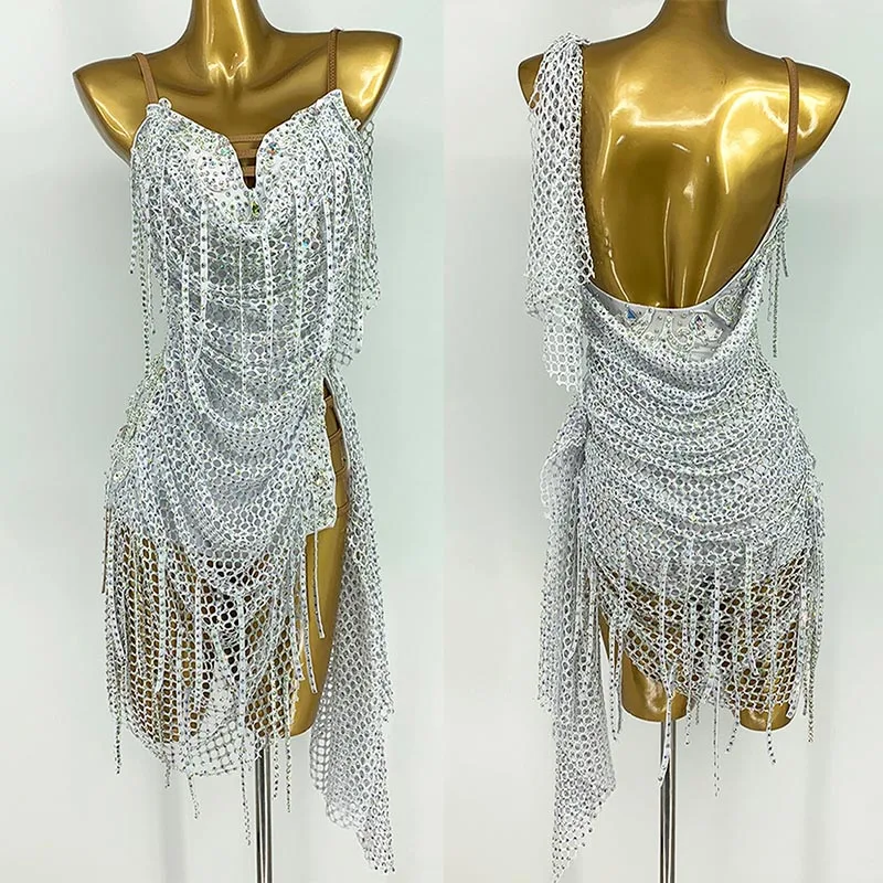 

2025 New Latin Dance Competition Dress Women Girls Rhinestone Net Fringe Dress Cha Cha Dance Costume Stage Latin Show Wear 14566
