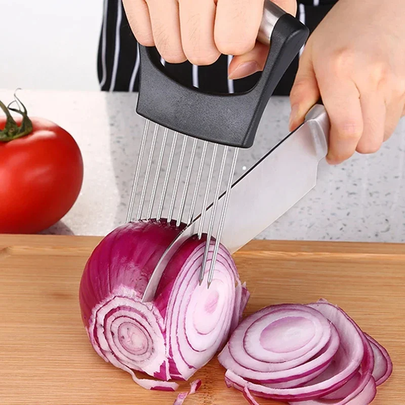 

Stainless Steel Onion Cutter Holder Food Slicers Assistant Tomato Potato Slicer Holder Vegetables Cutting Fork Kitchen Gadgets