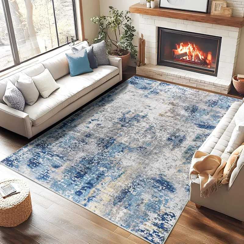 Modern Abstract Blue Area Rug Tech Fabric Diatom Mud Bedroom Living Room Carpet Indoor Floor Mat Geometric Art Pattern Home Decor Sofa Coffee Table Study Room Dining Room Hallway Entrance Contemporary Decorative Rug Interior Room Decoration