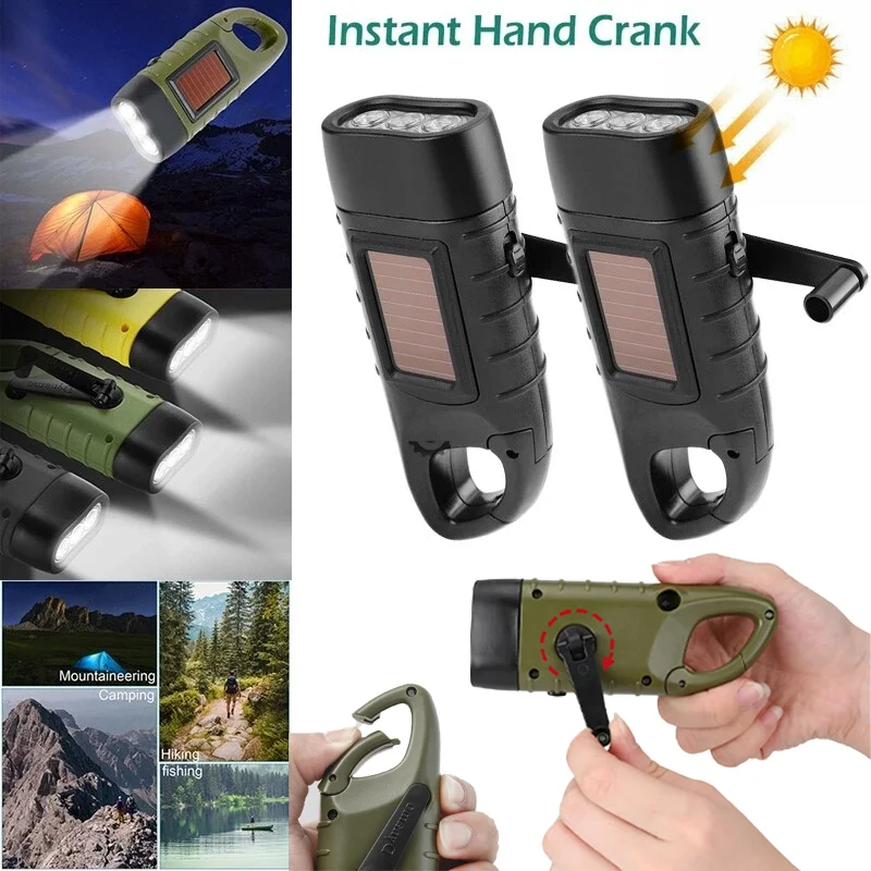 

1PC LED Flashlight Hand Crank Solar Powered Rechargeable Survival Gear Torch Dynamo for Fishing Boating Hiking Torch Light