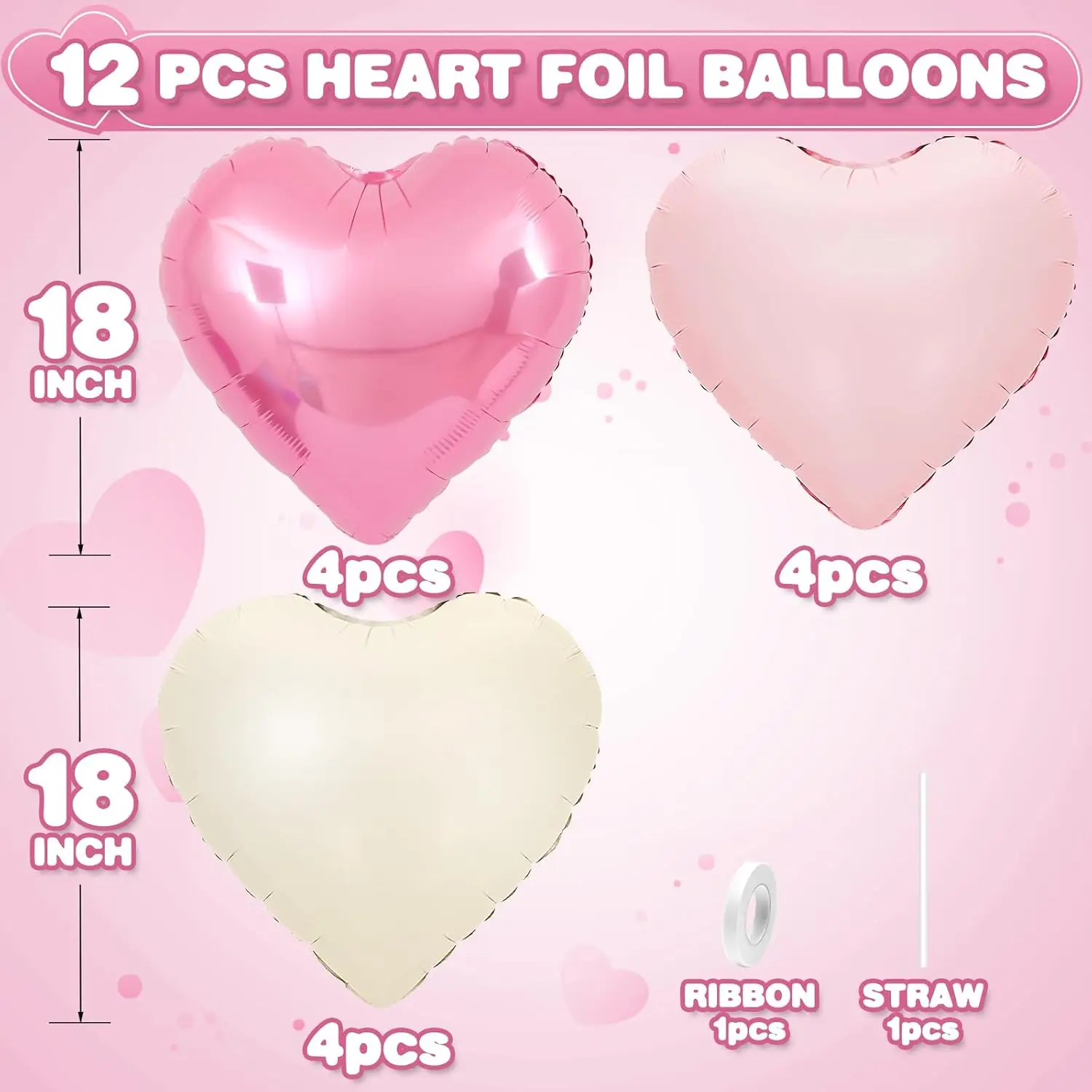 12Pcs Baby Pink Cream White Heart Shaped Foil Balloons,18Inch Heart Balloon for Birthday Anniversary Wedding Valentine's Day