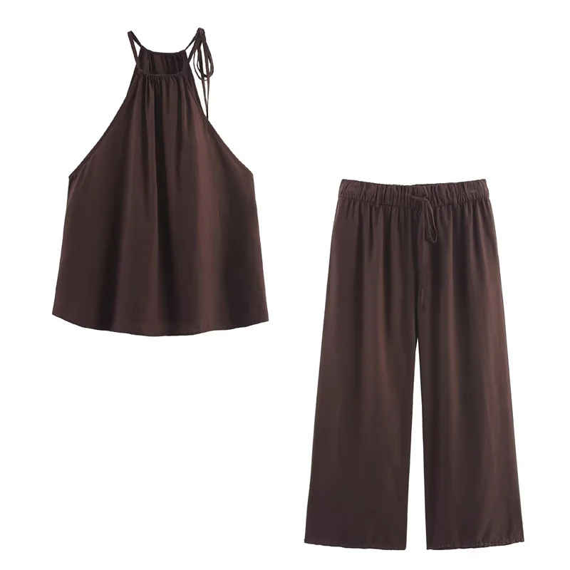 

Новый женский костюм 2025 года, летний темно-коричневый топ с воротником-халтер, укороченный брючный костюм, сексуальный стильный костюм с открытой спиной