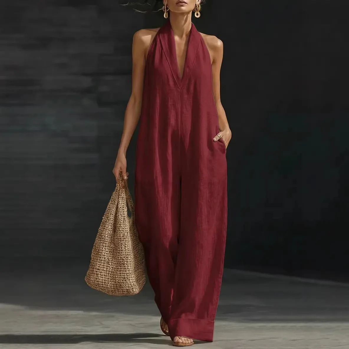 2026 Hanging Neck Sexy Solid Color Elegant Comfortable Loose Jumpsuit Women's Summer New Versatile Commuting Daily Simple Pants view 4