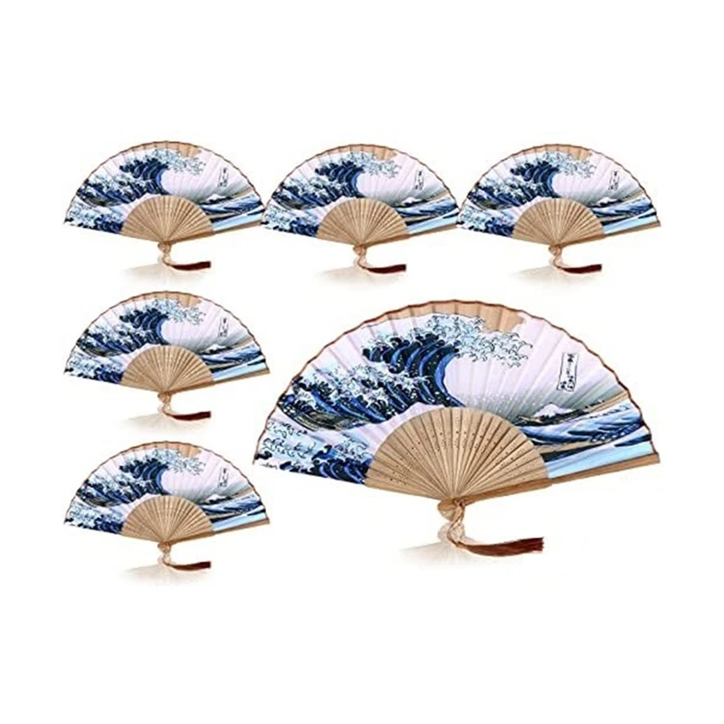 

6 Pieces Japanese Style Bamboo Silk Folding Fan Kanagawa Sea Waves Handheld Fans Foldable Vintage Decor For Women Dance