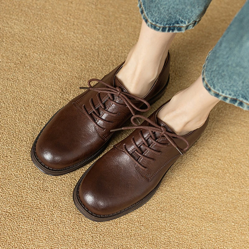 

Spring Summer Women's Workplace Genuine Leather Cowhide British Style Round-toe Small Leather Shoes 3.5cm Low Heel Shallow Mouth