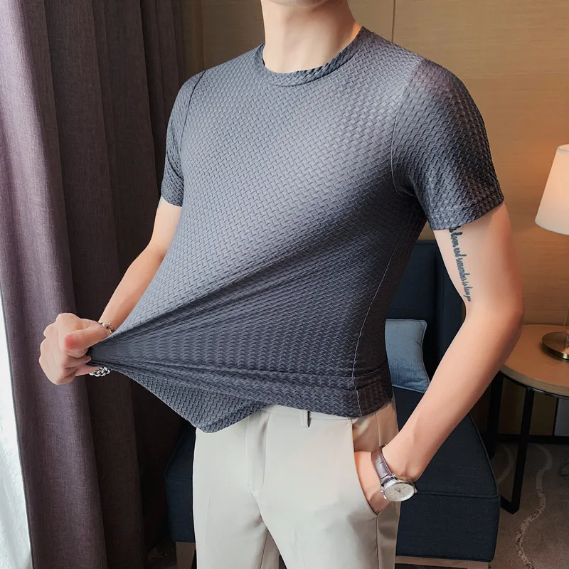 2022 Summer Men\'s Transparent Mesh Ice Silk T-shirts Men Short Sleeve Round Neck Hollow T Shirt Male Casual Fitness Tee Tops