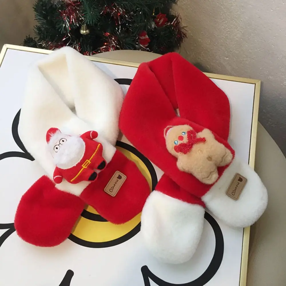 

Contrast Color Christmas Plush Cross Scarf Santa Claus Snowman Children Fleece Muffler Christmas Tree Doll Cartoon Neckerchief