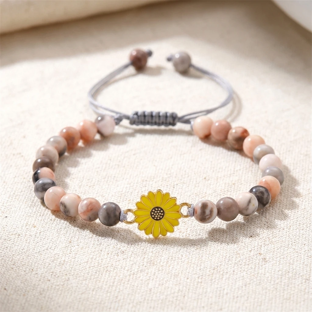 Vintage böhmisches gelbes Sonnenblumen-Armband für Frauen, Naturstein, Perlen, geflochtenes Seil, verstellbarer Freundschaftsschmuck, Bestie-Geschenk – Detail 4