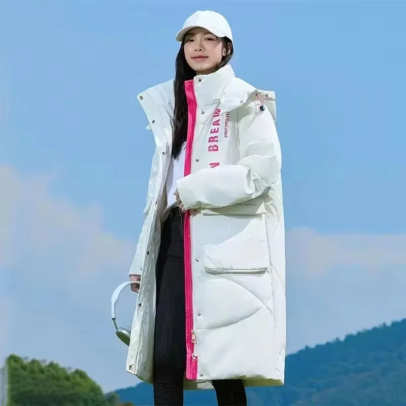 Pop Winter New Over The Knee Jackets Women Fashion Parkas Hooded Glossy Down Cotton Jacket Female Casual Thick Warm Outwear