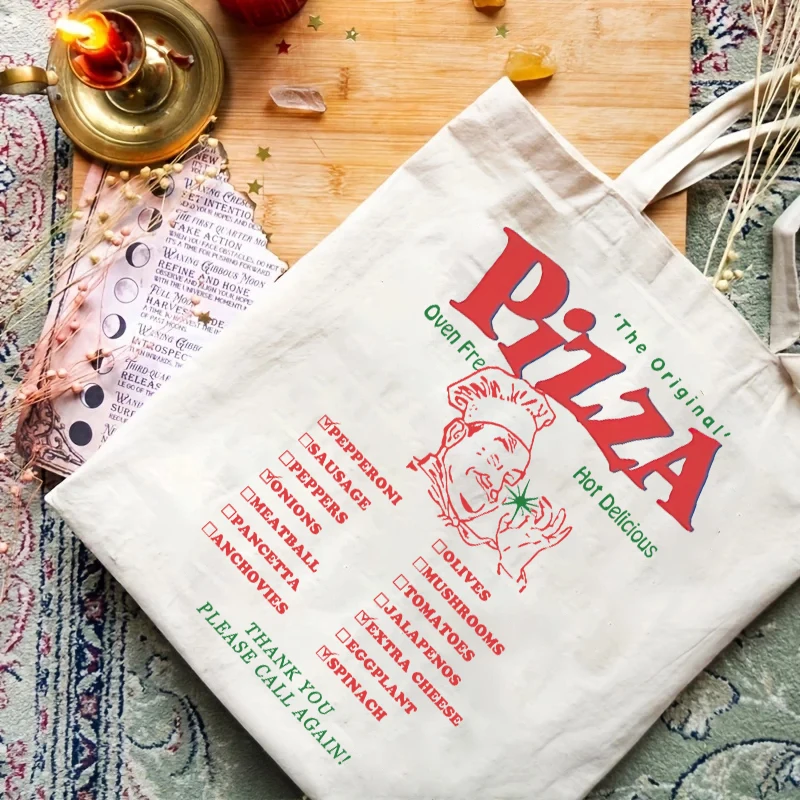 1pc Vintage Pizza Tote Bag Shopping Bag Carrier Bag Vintage Casual Canvas Shoulder Bag Perfect For Outdoors Travel Gift