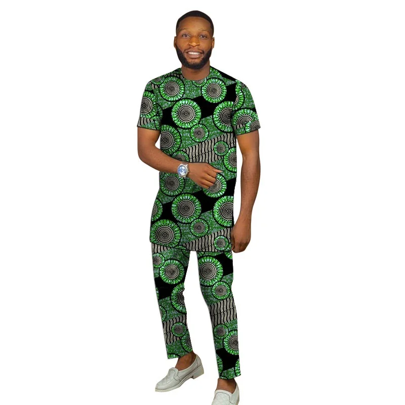 African Print Men\'s Set Short Sleeve Tops With Pant Nigerian Fashion Wax Male Wedding Party Garments