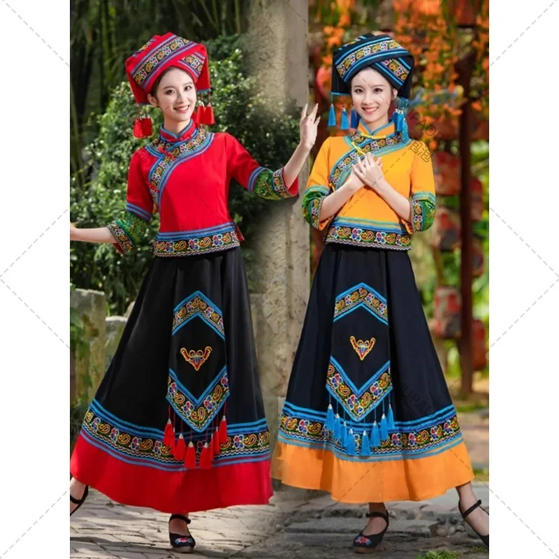 High Quality Chinese Minority Female Ethnic Style Dance Performance Costumes   Black Slim Clothing Performance Attire Long Skirt