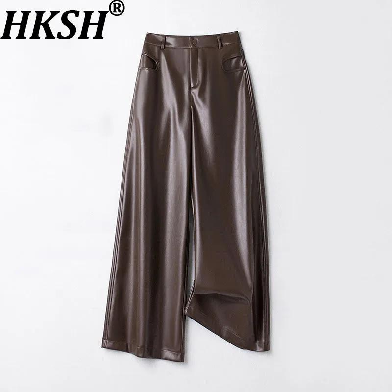 

HKSH осенние новые женские широкие брюки с высокой талией, прямые карманы из искусственной кожи, однотонные, винтажные, элегантные, корейская мода HK12211