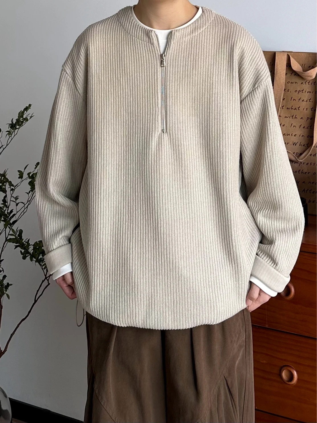 

Japanese Sle Men's Knitted Sweater f Zip Loose Fit Casual Long Sve round Ne Pullover Breathable Comfortable Warmth
