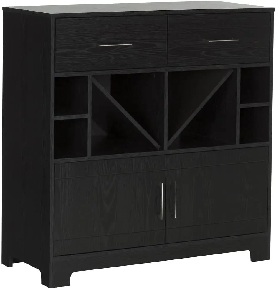 

Vietti Bar Cabinet With Liquor And Wine Bottle Storage With Drawers, Black Oak With Metal Handles