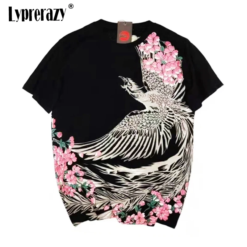 Lyprerazy Phoenix Embroidery Men\'s T-shirt Japanese Harajuku Summer Retro Casual Short-sleeved Top Tees