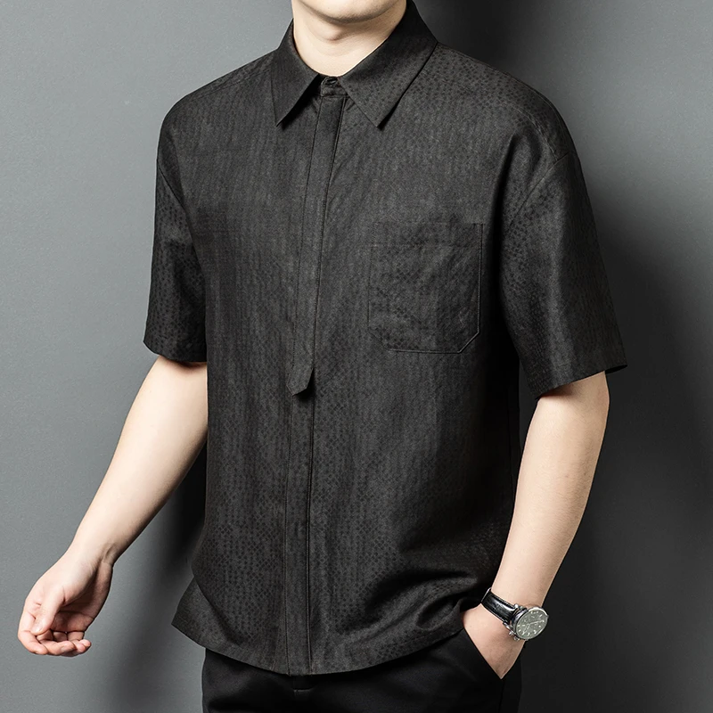 Cotton&Silk Blends High-End Shirts For Men Short Sleeve Jacquard Summer Quality Covered Button Pocket Coolness Camisas De Hombre