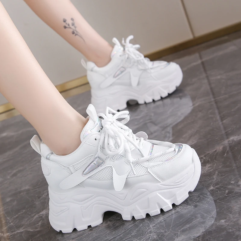 Women\'s Fashion White Chunky Sneakers Thick Bottom Lace Up Vulcanized Shoes Woman Non Slip Platform Sports Shoes for Lady