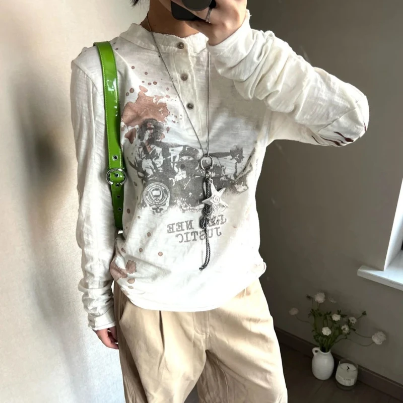 ثقافة فرعية ريترو الشارع الشهير كم طويل تي شيرت المرأة عادية الأمريكية خمر إلكتروني طباعة قمة سليم الشرير نمط 2025 الخريف