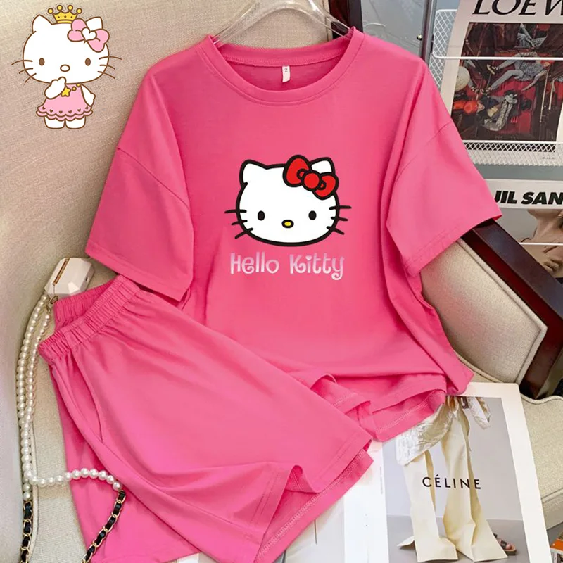 2Pcs Hello Kittys Sanrioyed Pajamas Cute Cartoon Summer Ice Shreds Shorts Sets Womens Outfits Home Furnishing Clothing Girl Gift