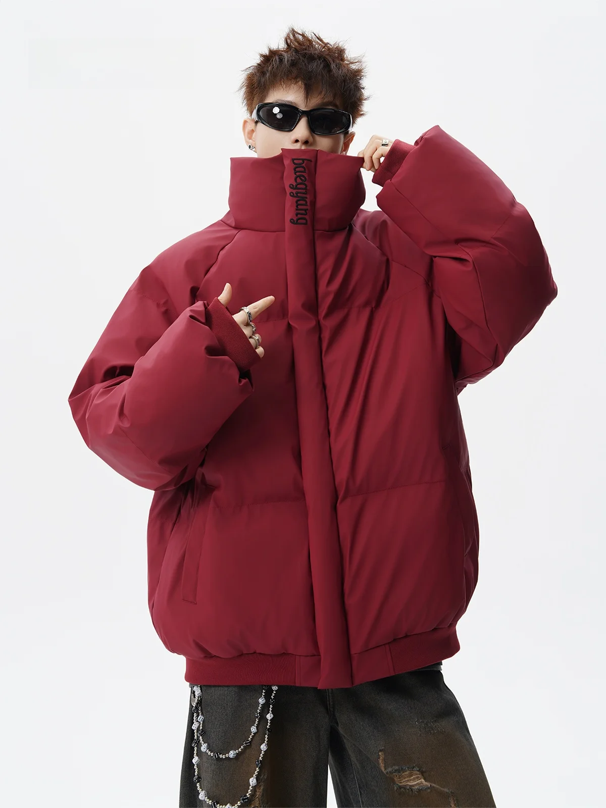 

American Sle Stand Collar PU Leather Cotton Jaet Men's Winter Trendy Thiened Red Cotton Clothes High-End Feeling Hao...