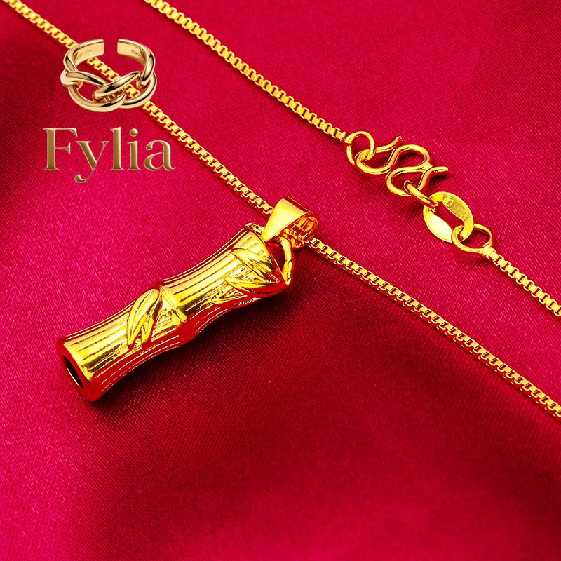 Fylia Jewelry   Bamboo Necklace Women's 24K Gold AU999 - Understated slim bamboo, luxury 24K, matches cheongsam & shirts
